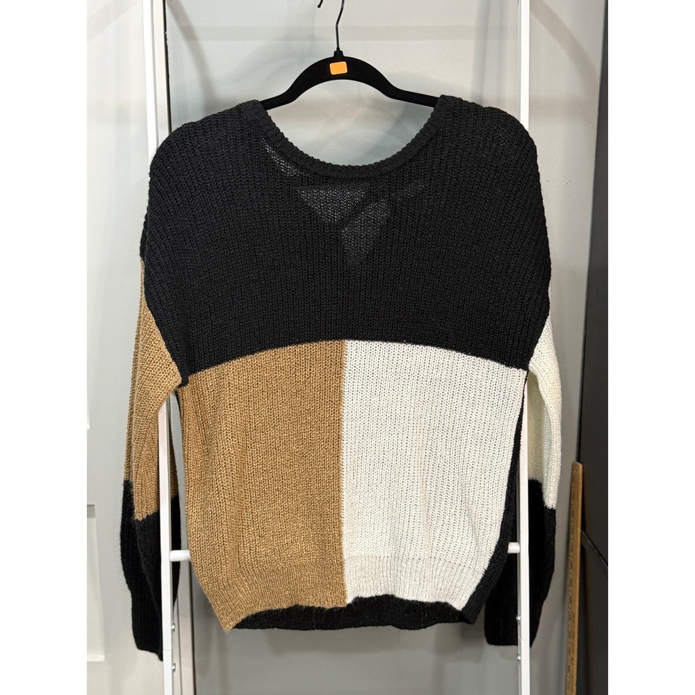 MINE Colorblock Knit Sweater Tie Back V-Neck Black Tan Cream Small Geometric